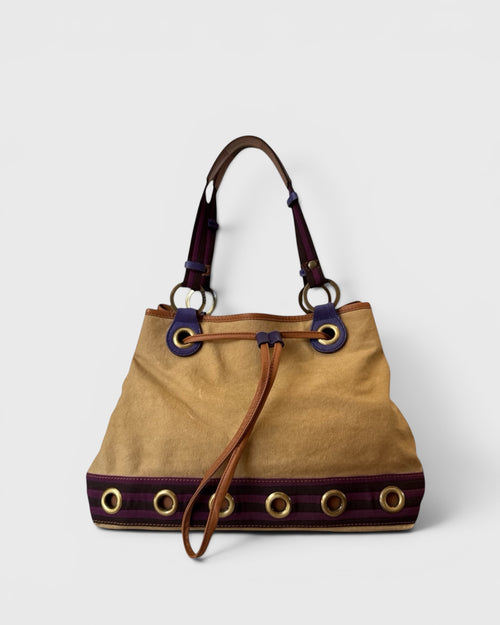Sac vintage en toile beige et détails violets, Gianfranco Ferré