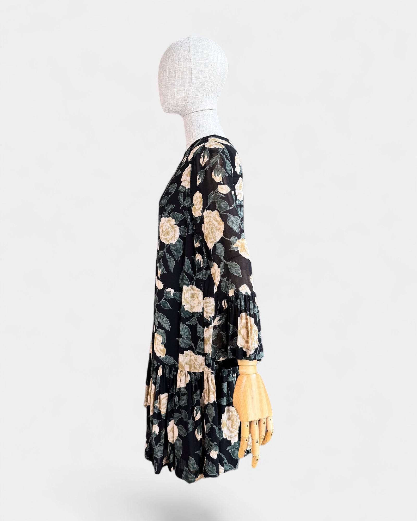 Ganni Black Floral Chiffon Flowing Dress, S